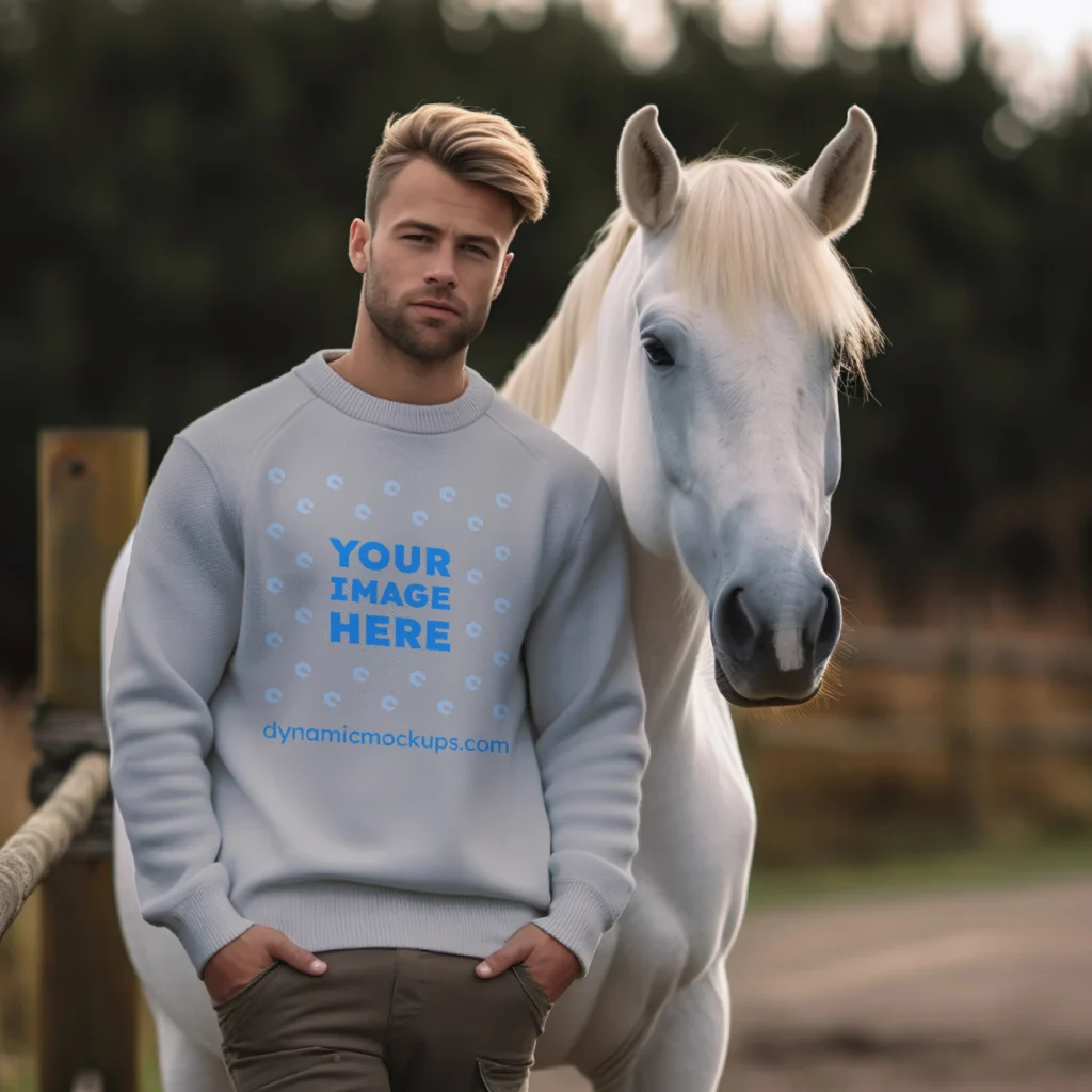 Man Wearing Light Gray Sweatshirt Mockup Front View Template