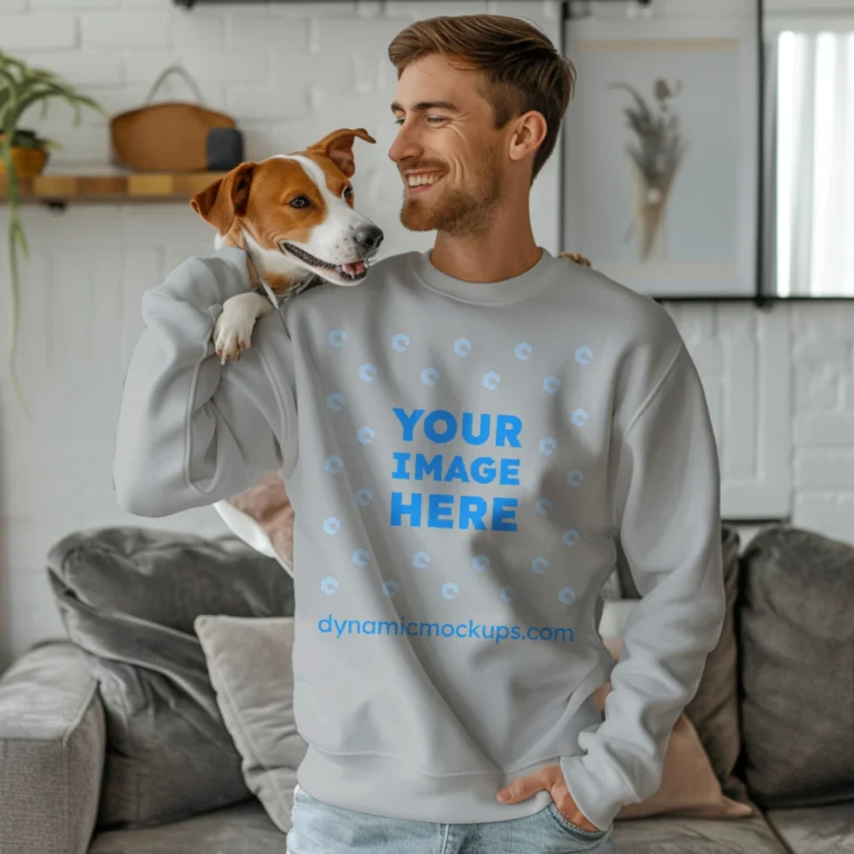 Man Wearing Light Gray Sweatshirt Mockup Front View Template