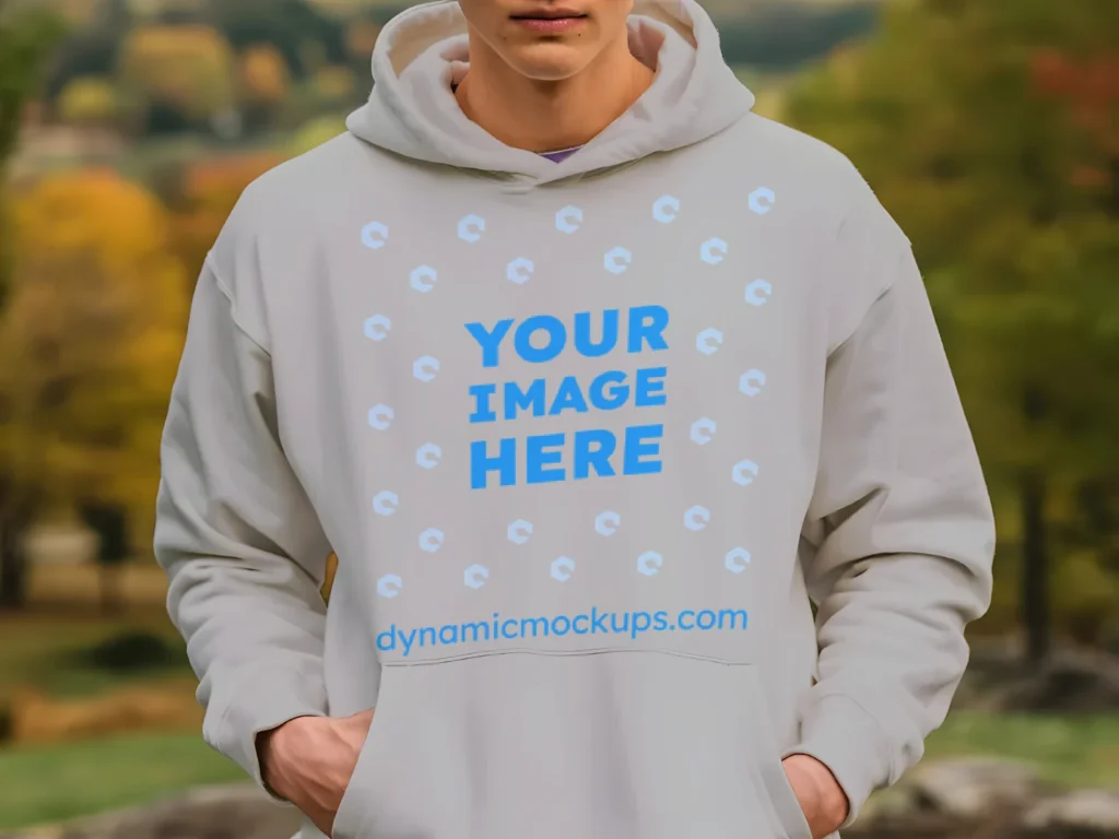 Man Wearing Light Gray Hoodie Mockup Front View Template