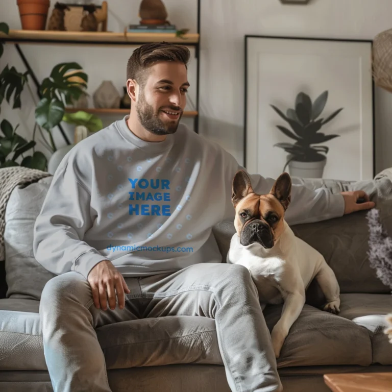 Man Wearing Light Gray Sweatshirt Mockup Front View Template