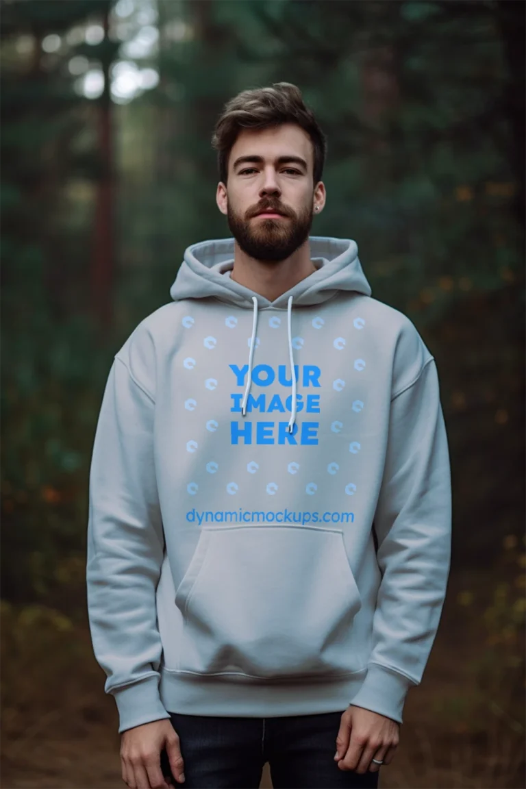 Man Wearing Light Gray Hoodie Mockup Front View Template