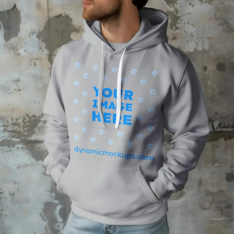 Man Wearing Light Gray Hoodie Mockup Front View Template