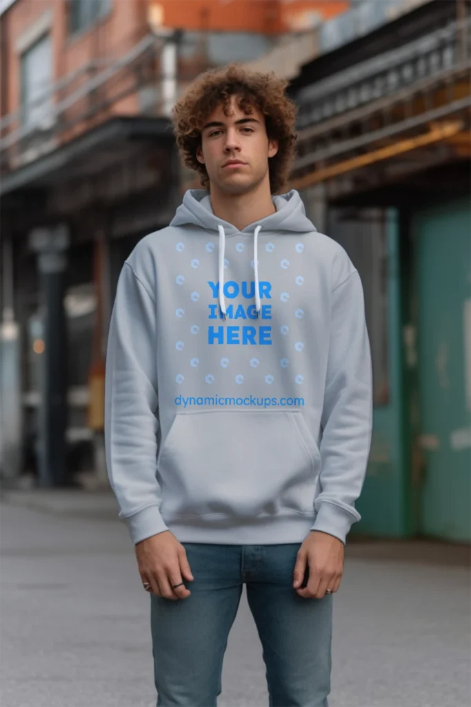 Man Wearing Light Gray Hoodie Mockup Front View Template