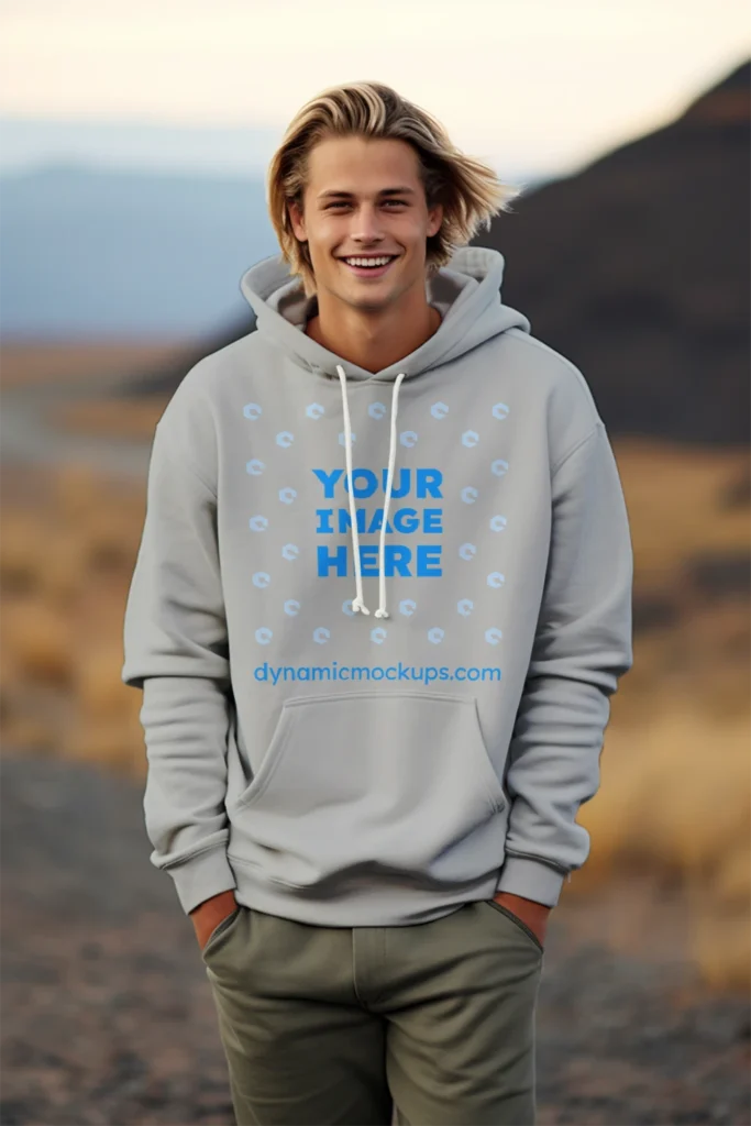 Man Wearing Light Gray Hoodie Mockup Front View Template