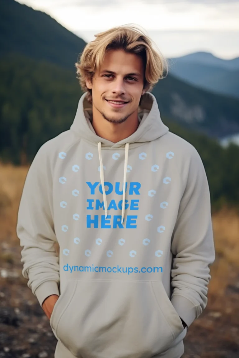 Man Wearing Light Gray Hoodie Mockup Front View Template