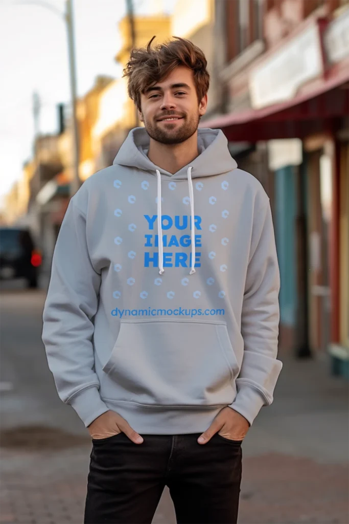 Man Wearing Light Gray Hoodie Mockup Front View Template