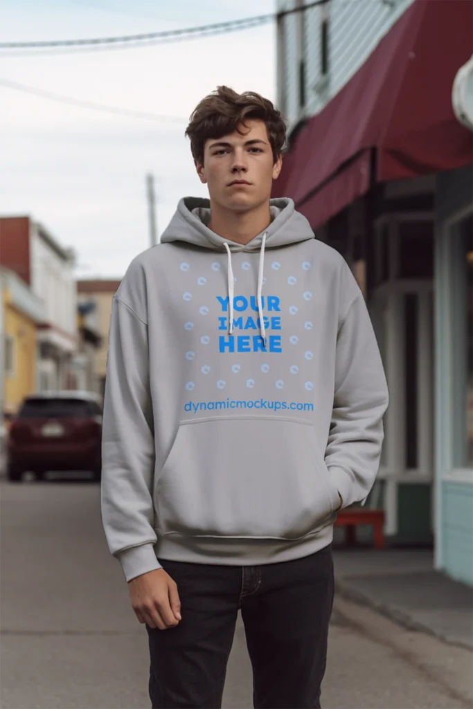 Man Wearing Light Gray Hoodie Mockup Front View Template