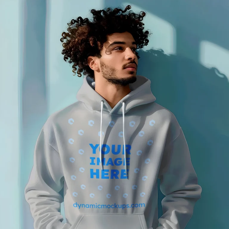 Man Wearing Light Gray Hoodie Mockup Front View Template