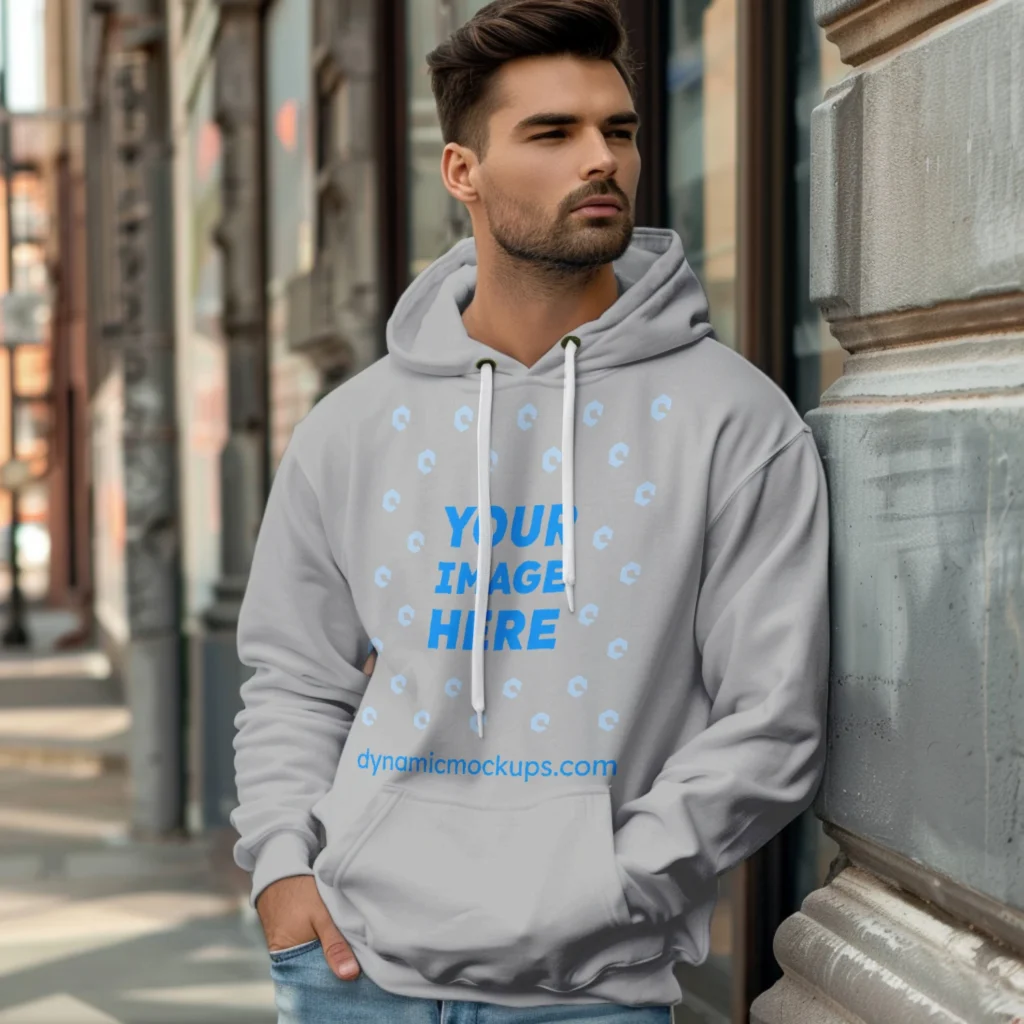 Man Wearing Light Gray Hoodie Mockup Front View Template