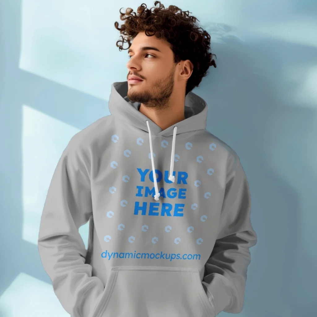 Man Wearing Light Gray Hoodie Mockup Front View Template