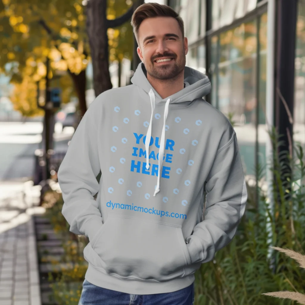 Man Wearing Light Gray Hoodie Mockup Front View Template