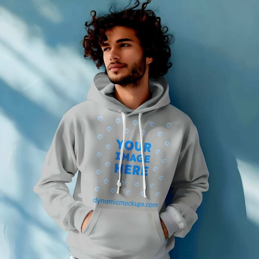 Man Wearing Light Gray Hoodie Mockup Front View Template