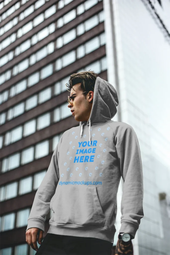 Man Wearing Light Gray Hoodie Mockup Front View Template