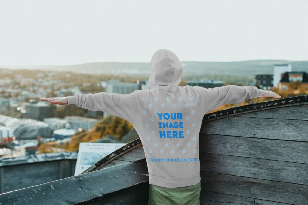 Man Wearing Light Gray Hoodie Mockup Back View Template