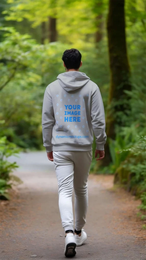 Man Wearing Light Gray Hoodie Mockup Back View Template