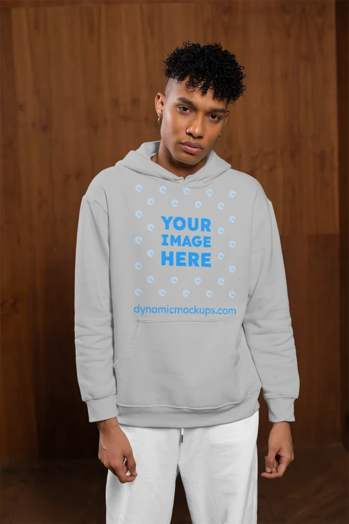 Man Wearing Light Gray Hoodie Mockup Front View Template