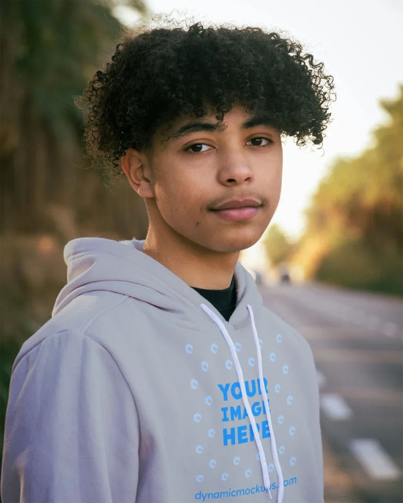 Man Wearing Light Gray Hoodie Mockup Front View Template