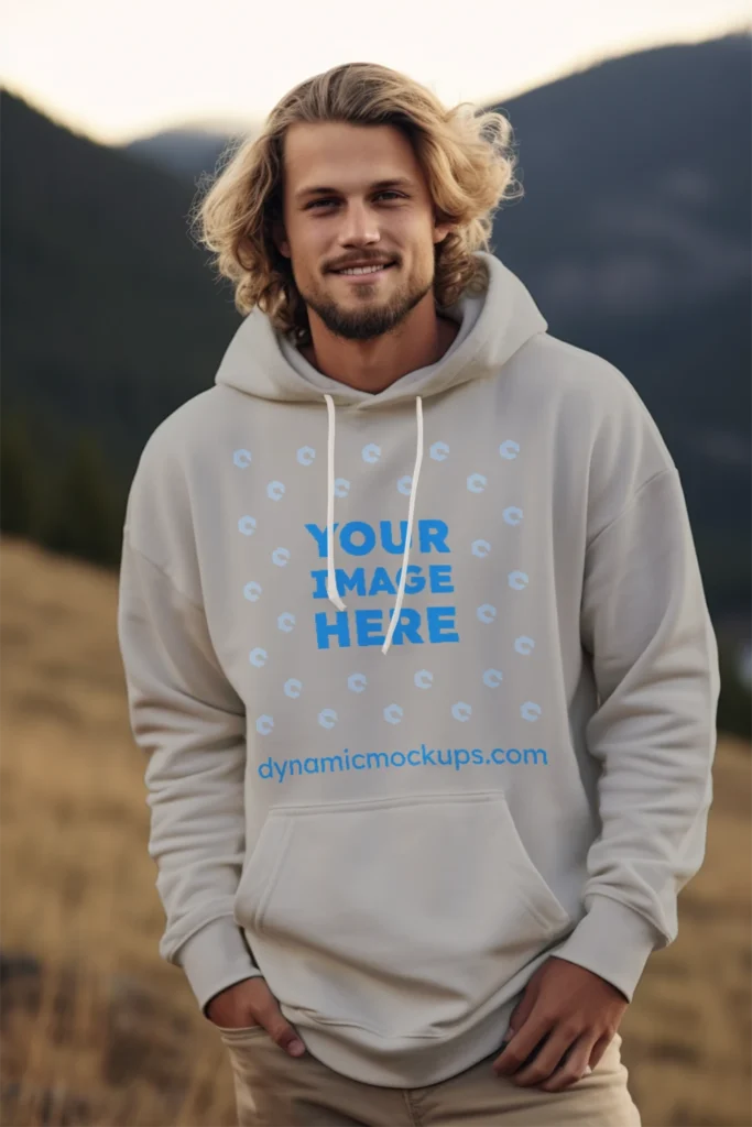 Man Wearing Light Gray Hoodie Mockup Front View Template