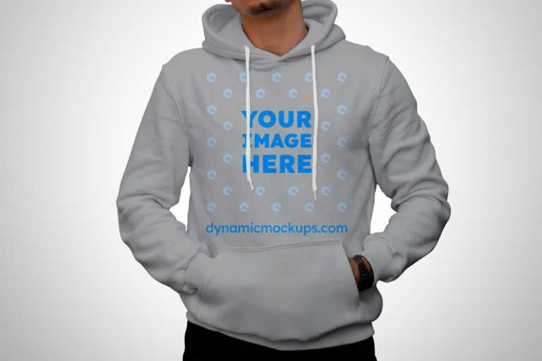 Man Wearing Light Gray Hoodie Mockup Front View Template