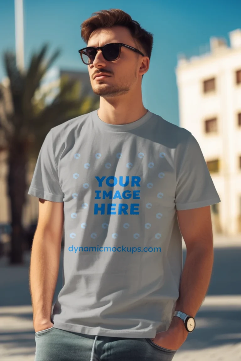 Man Wearing Light Gray T-shirt Mockup Front View Template