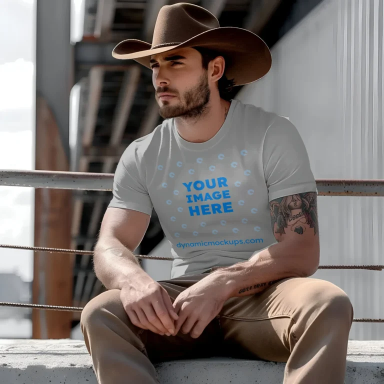 Man Wearing Light Gray T-shirt Mockup Front View Template