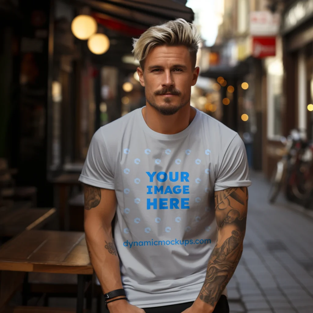 Man Wearing Light Gray T-shirt Mockup Front View Template