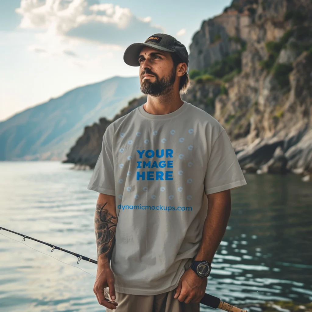 Man Wearing Light Gray T-shirt Mockup Front View Template