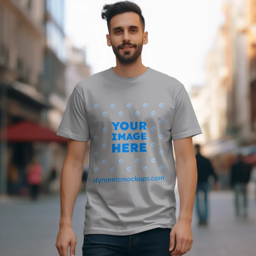 Man Wearing Light Gray T-shirt Mockup Front View Template