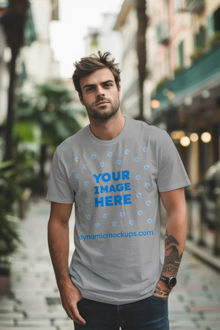 Man Wearing Light Gray T-shirt Mockup Front View Template