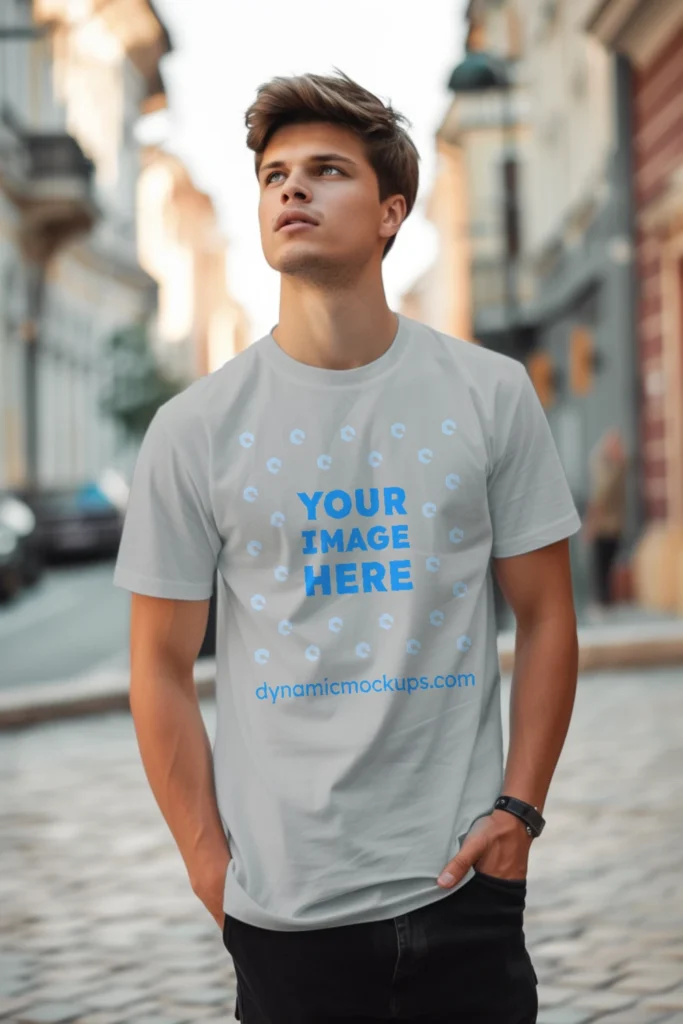 Man Wearing Light Gray T-shirt Mockup Front View Template