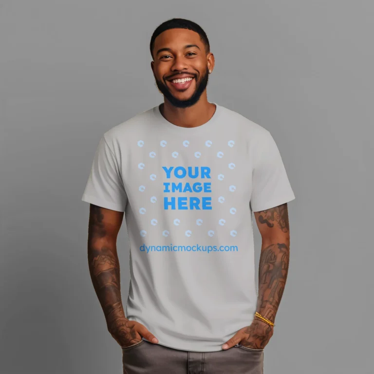 Man Wearing Light Gray T-shirt Mockup Front View Template