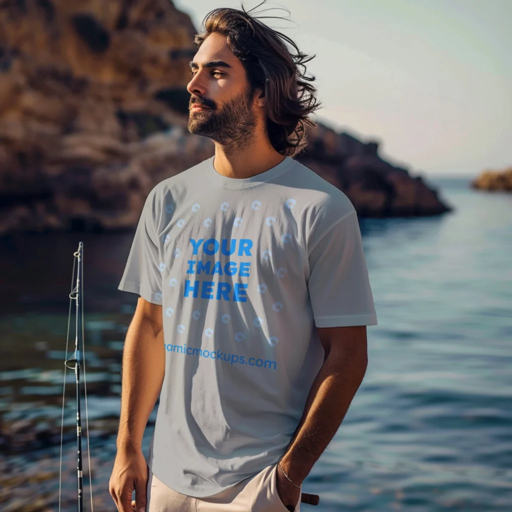 Man Wearing Light Gray T-shirt Mockup Front View Template