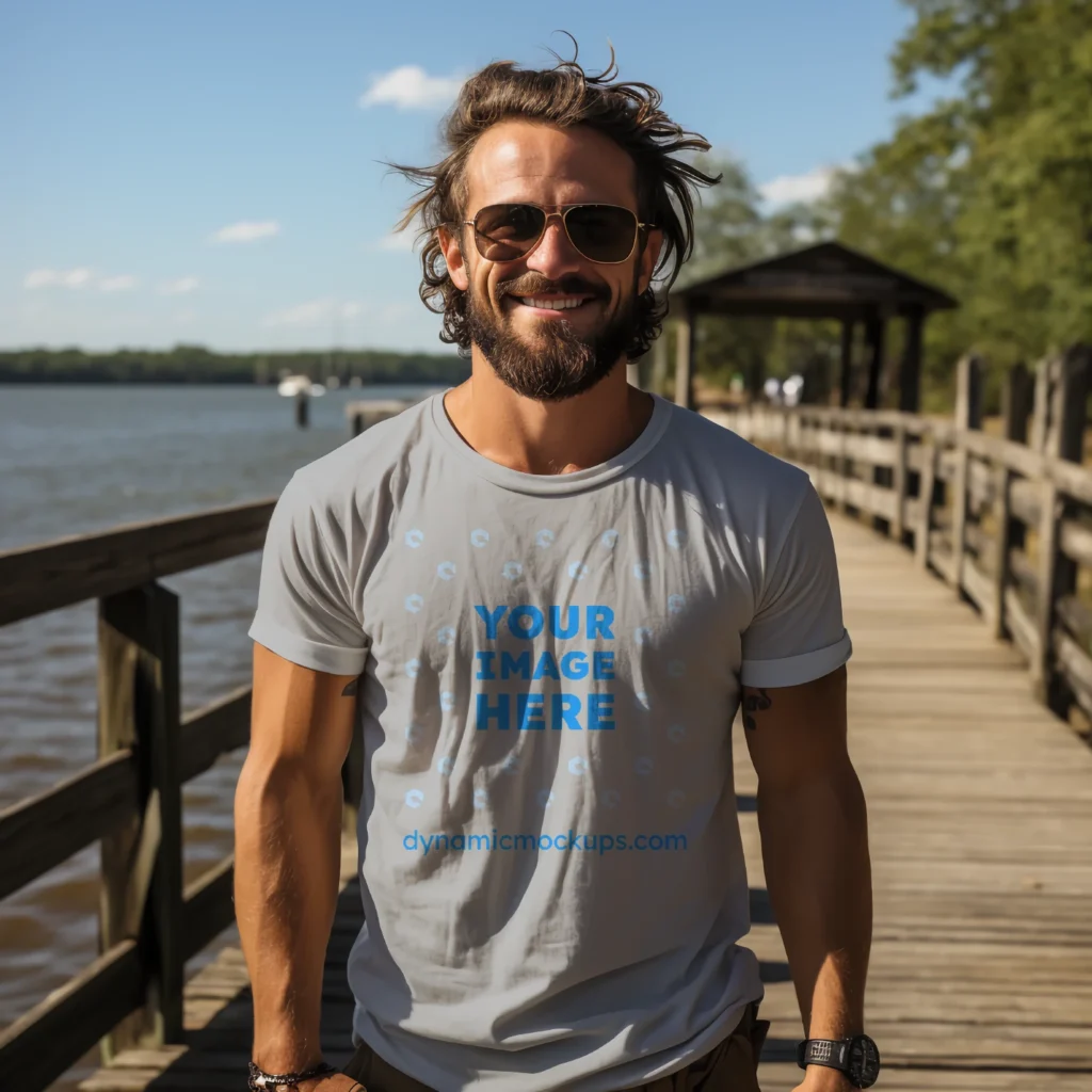 Man Wearing Light Gray T-shirt Mockup Front View Template