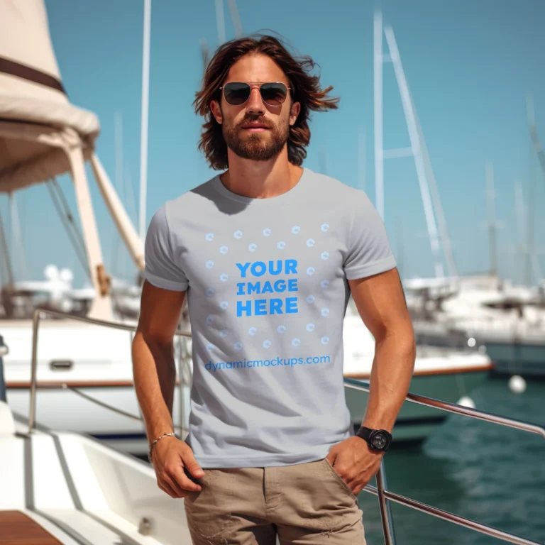 Man Wearing Light Gray T-shirt Mockup Front View Template