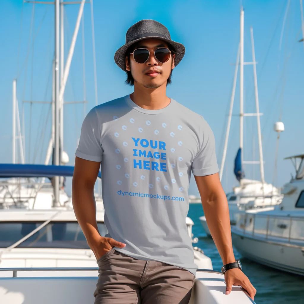 Man Wearing Light Gray T-shirt Mockup Front View Template