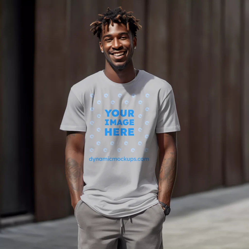 Man Wearing Light Gray T-shirt Mockup Front View Template