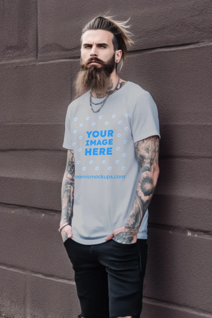 Man Wearing Light Gray T-shirt Mockup Front View Template