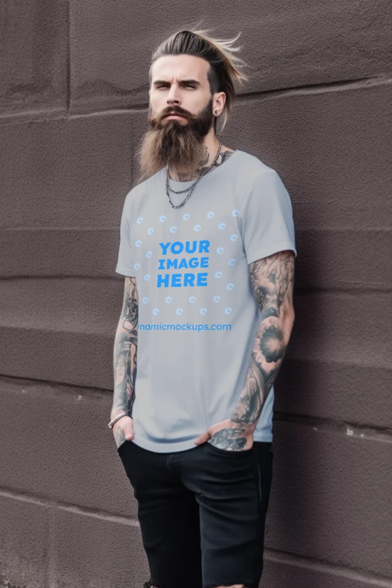 Man Wearing Light Gray T-shirt Mockup Front View Template