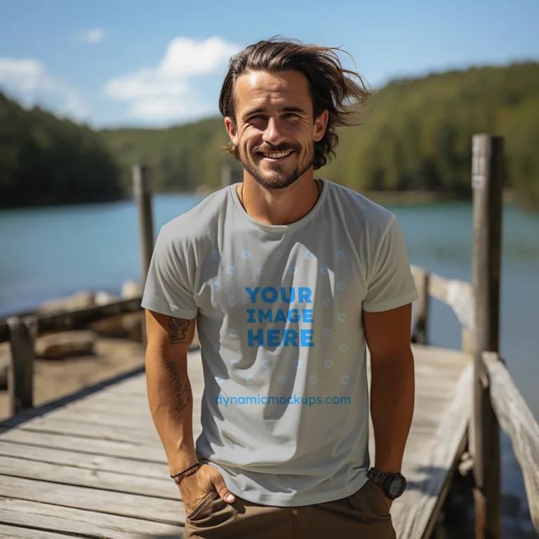 Man Wearing Light Gray T-shirt Mockup Front View Template