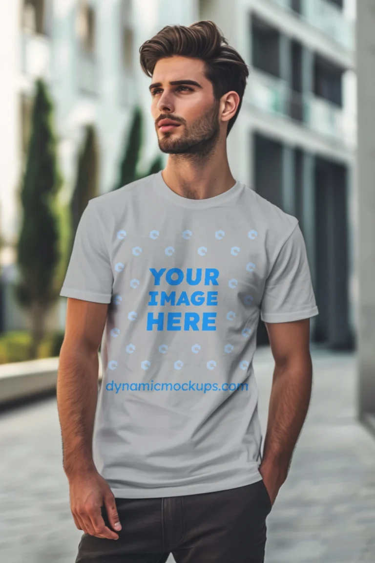 Man Wearing Light Gray T-shirt Mockup Front View Template