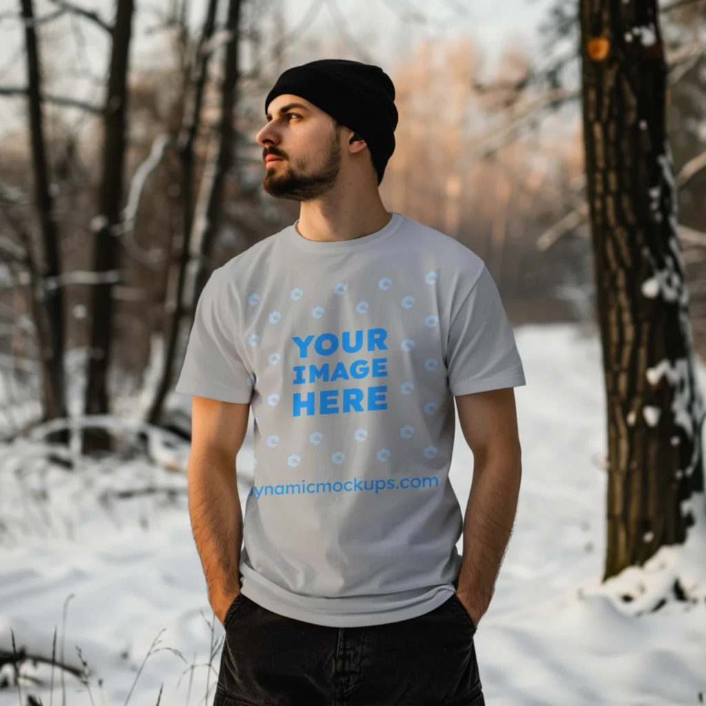 Man Wearing Light Gray T-shirt Mockup Front View Template