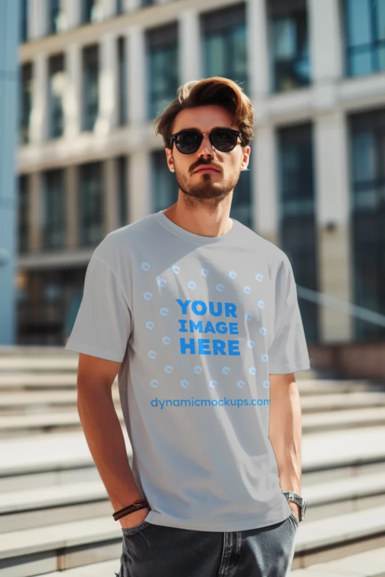 Man Wearing Light Gray T-shirt Mockup Front View Template