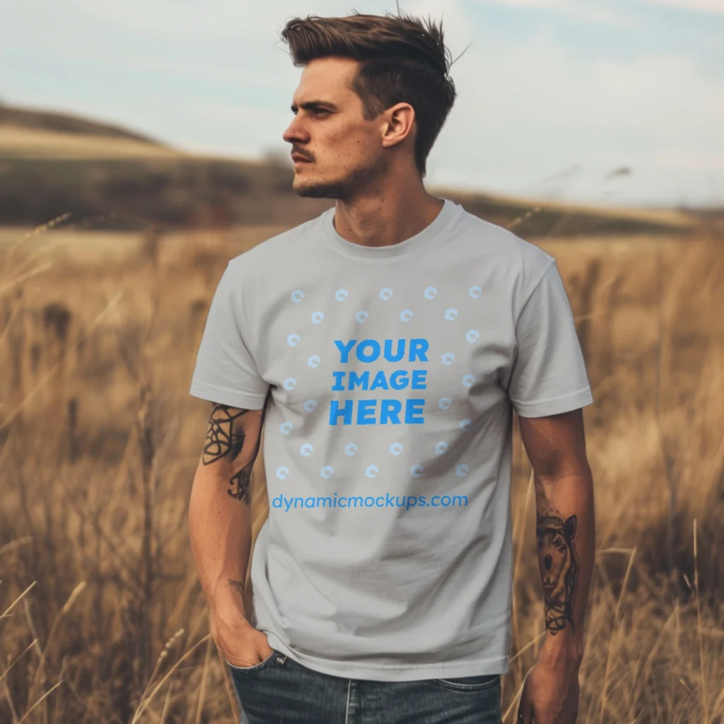 Man Wearing Light Gray T-shirt Mockup Front View Template