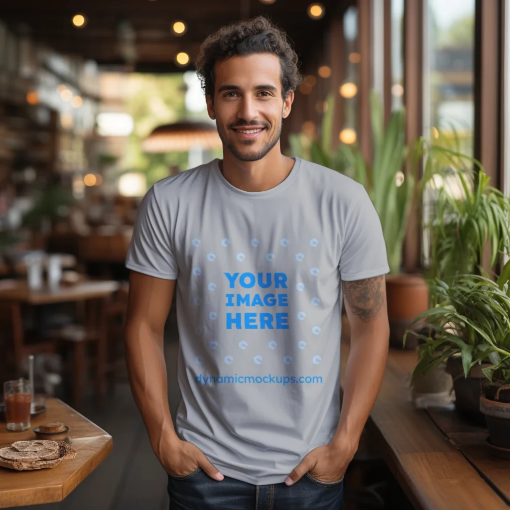 Man Wearing Light Gray T-shirt Mockup Front View Template