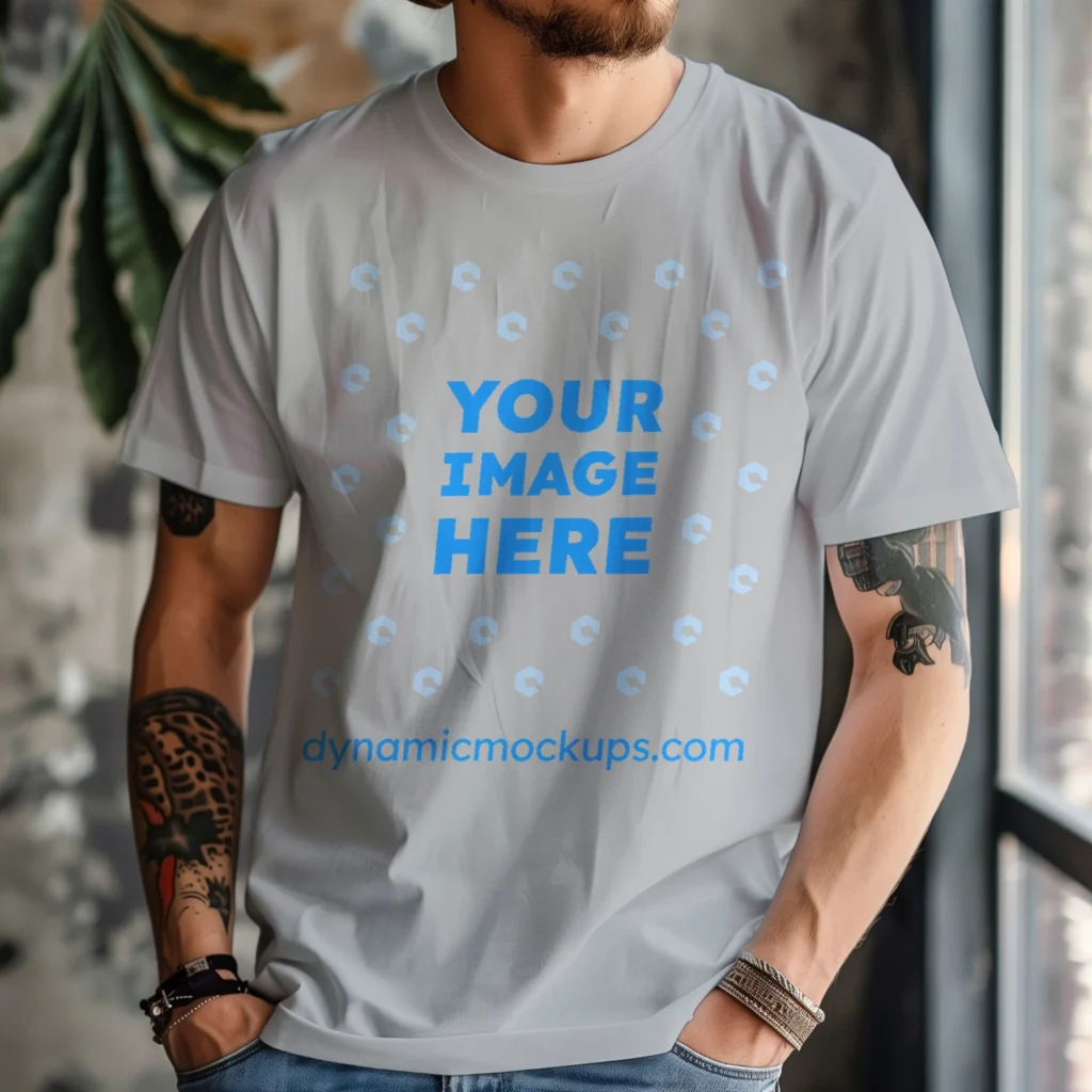 Man Wearing Light Gray T-shirt Mockup Front View Template