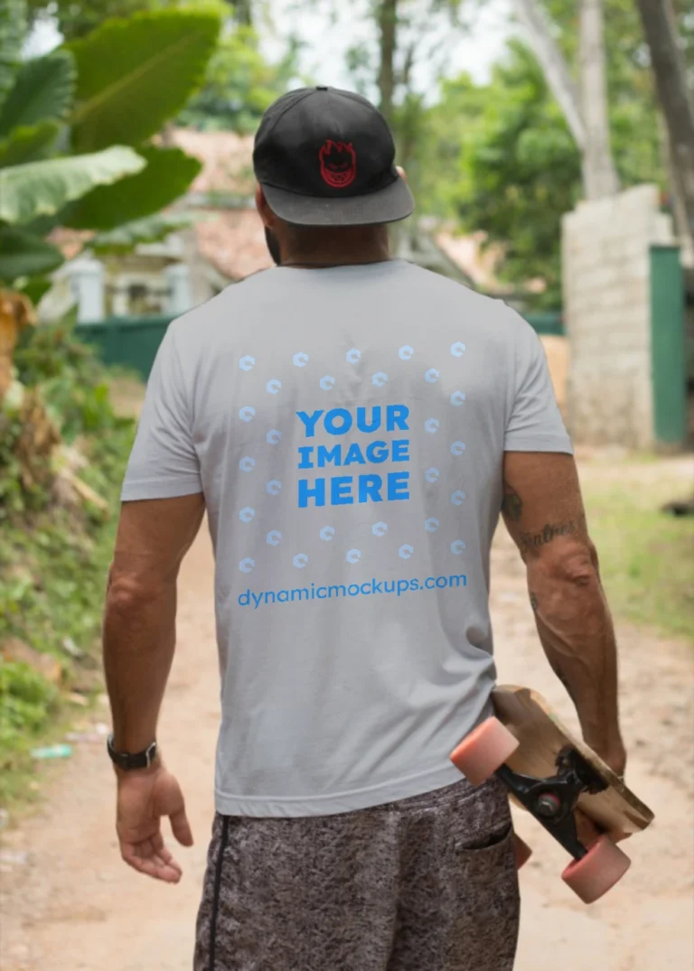 Man Wearing Light Gray T-shirt Mockup Back View Template