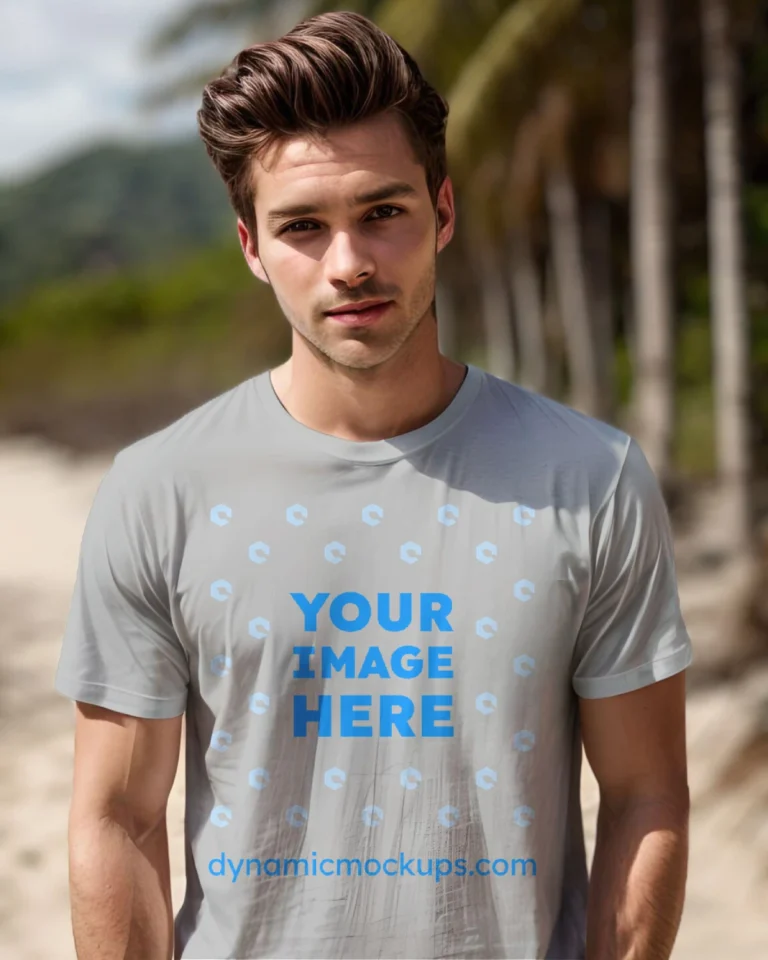 Man Wearing Light Gray T-shirt Mockup Front View Template