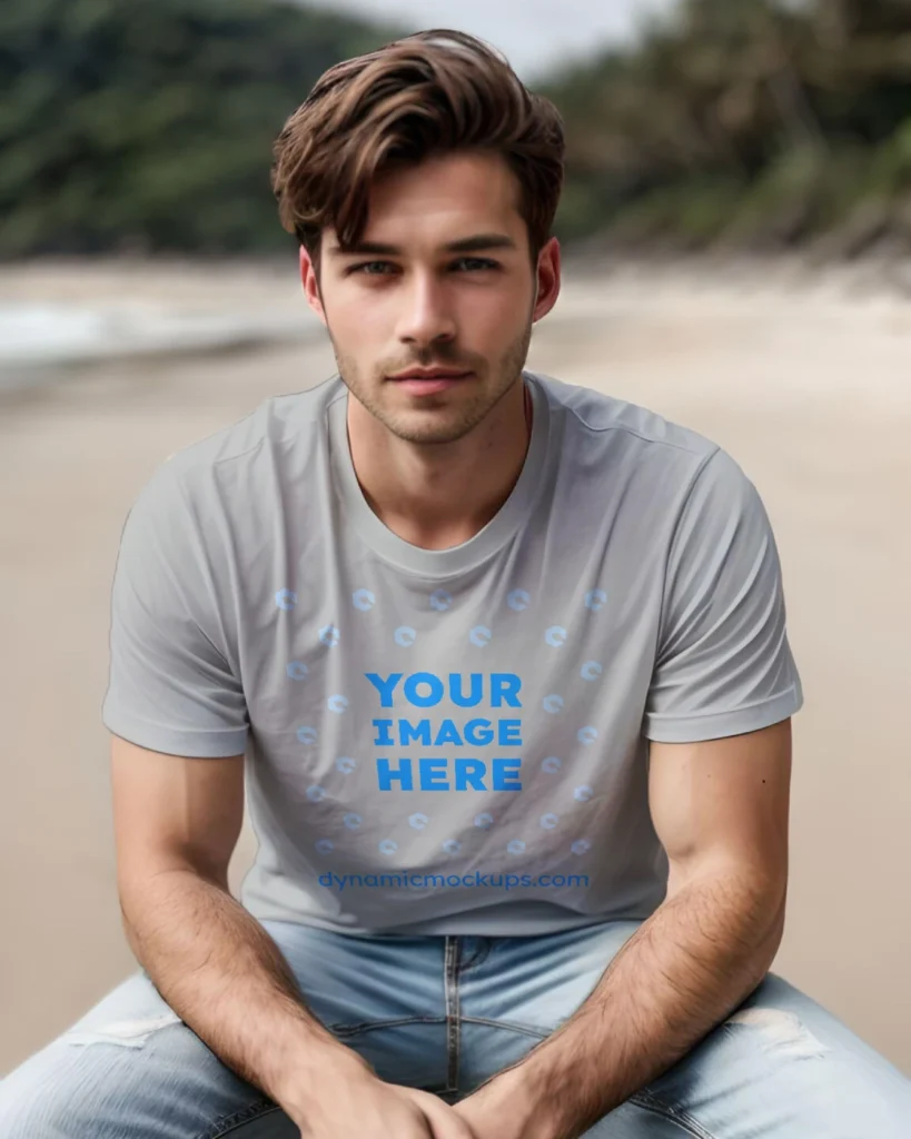 Man Wearing Light Gray T-shirt Mockup Front View Template