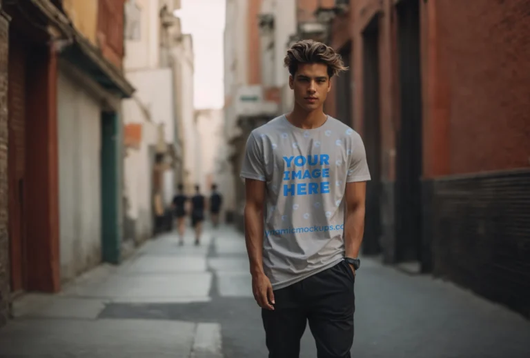 Man Wearing Light Gray T-shirt Mockup Front View Template