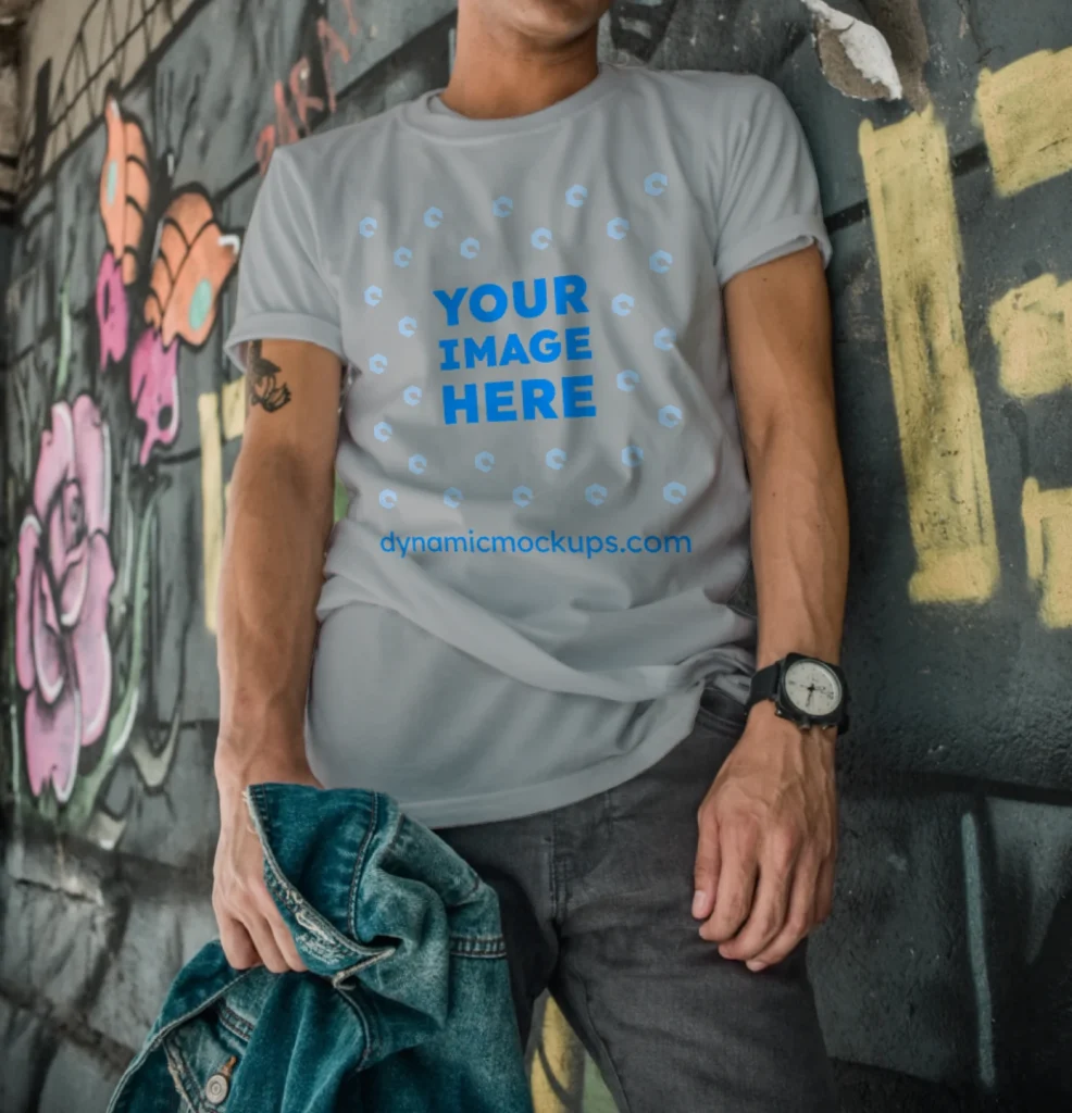 Man Wearing Light Gray T-shirt Mockup Front View Template